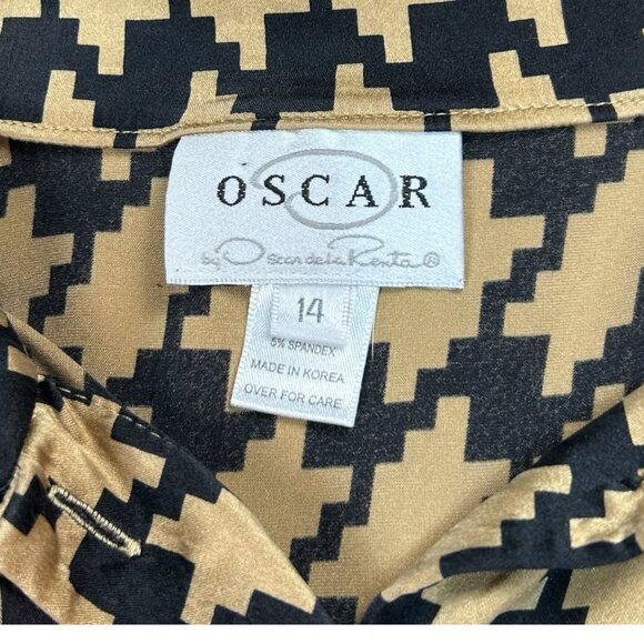 VTG Oscar de la Renta Womens Black Gold Houndstooth Silk Blend Blouse Luxury 14 - Picture 2 of 7